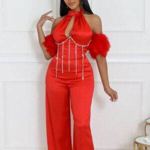 Feather & Rhinestone Embellished Jumpsuit